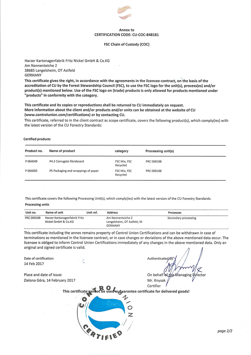 FSC Zertifizierung Harzer Kartonagenfabrik Fritz Nickel GmbH Seite 2