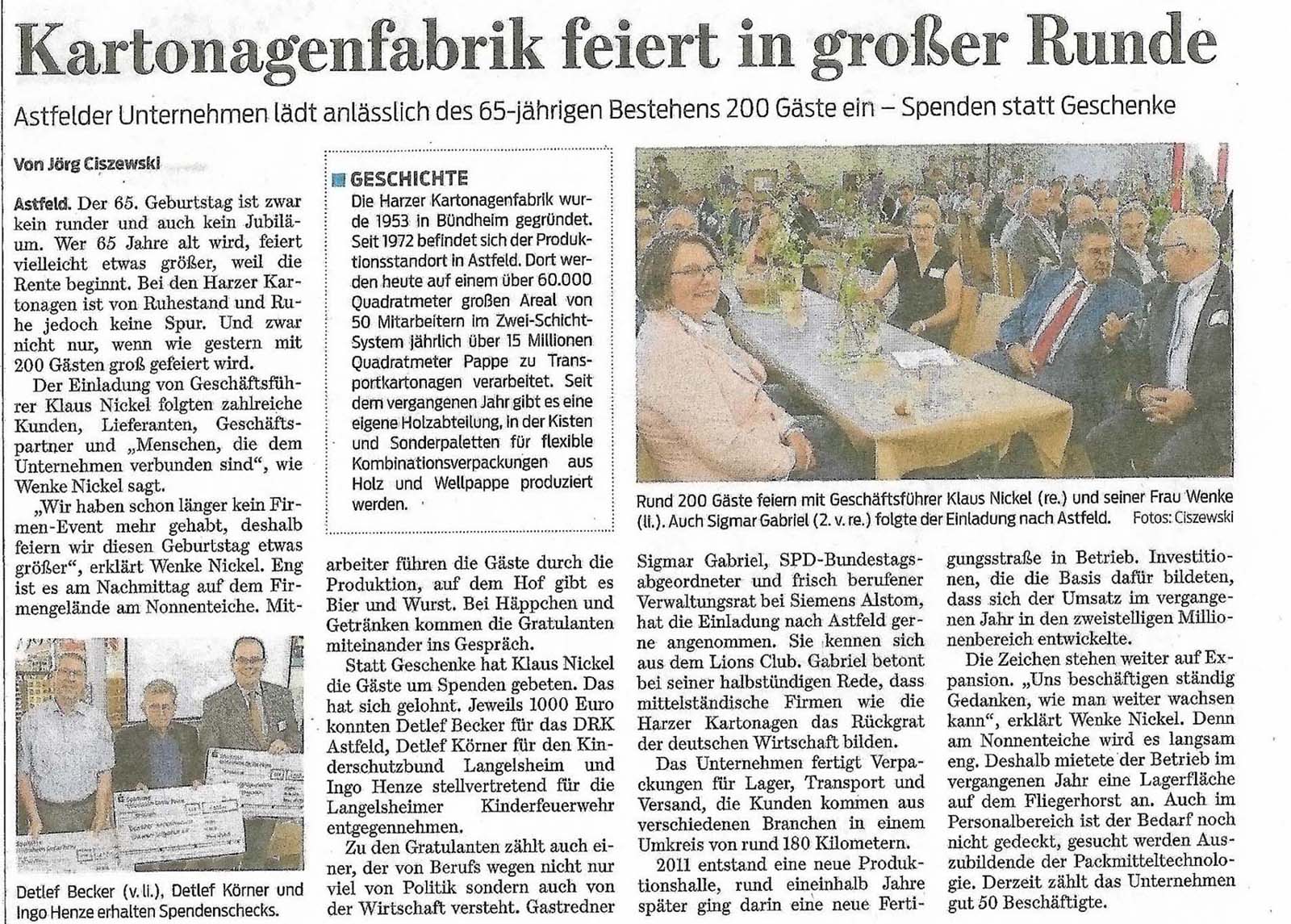 Artikel Goslarsche Zeitung 2018 6 21 65 Jahre Harzer Kartonagen
