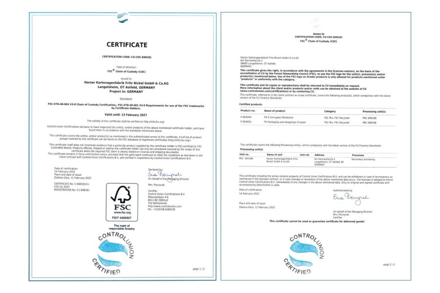 Harzer Kartonagen erhält erneut die FSC® Zertifizierung