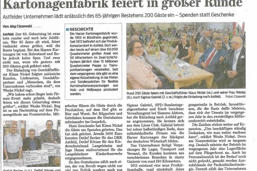 Goslarsche Zeitung berichtet über Harzer Kartonagen Jubiläum